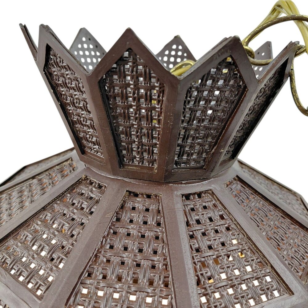 MCM Hanging Swag Lamp Brown Wicker Rattan Shade 12 ft Chain Cord Plug Vtg - Picture 4 of 16